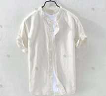 Мужская льняная рубашка с коротким рукавом и воротом стойкой, 3 цвета - VDALA.PRO