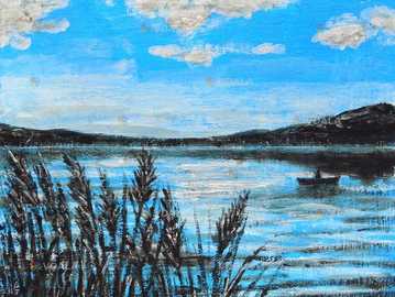 Картина - миниатюра *Пейзаж с озером*. Акрил, картон, 20*20 см - VDALA.PRO