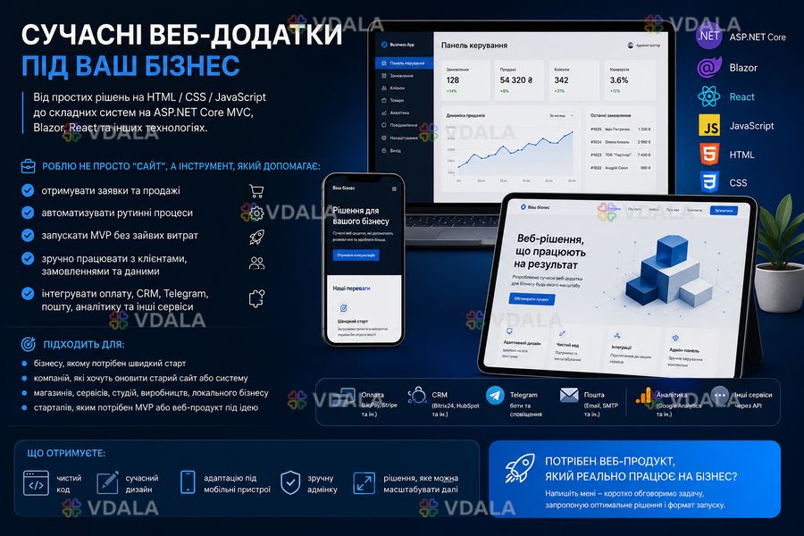 Розробка веб-додатків, які приносять клієнтів і автоматизують бізнес Розробка веб-додатків, які приносять клієнтів і автоматизують бізнес - VDALA.PRO